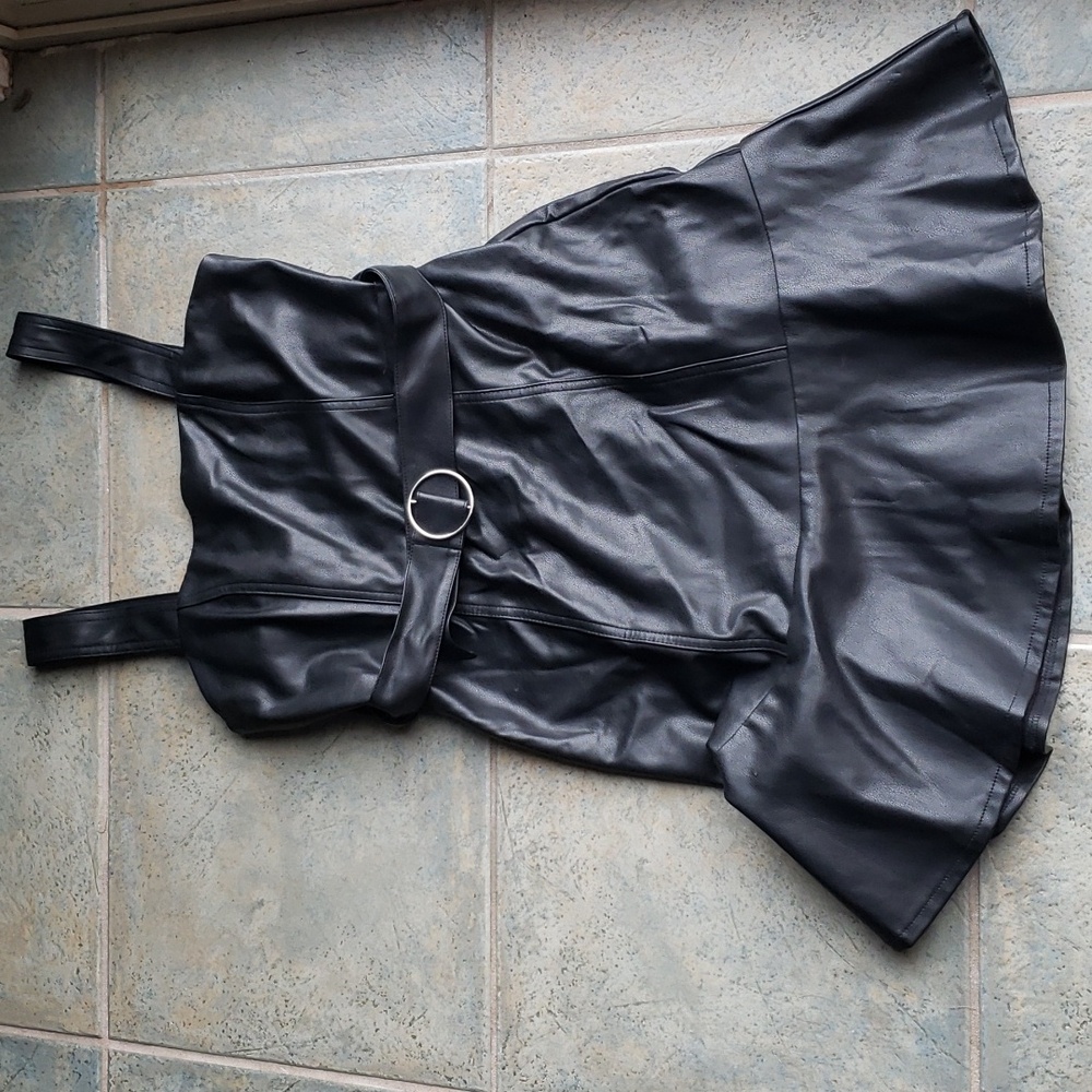 Super cute fake leather belted ruffle black mini dress. Forever 21